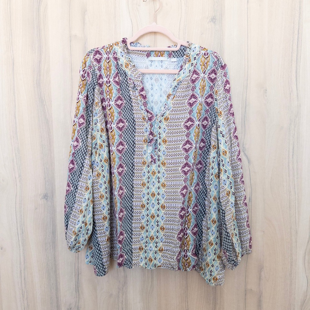 Sunny Leigh Womens Boho Blouse 2X Multicolor Geometric Peasant Southwestern